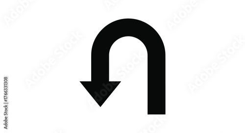 A stark black silhouette of a u turn arrow pointing downwards on a clean white background