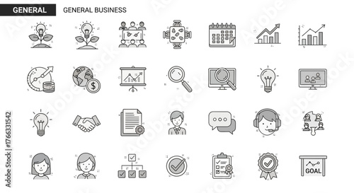 General Business Monochrome Icons: Teamwork, Finance, Innovation, Goals