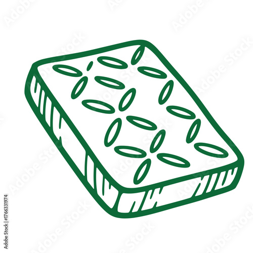 Simple green doodle illustration of a rectangular sponge perfect for cleaning and hygiene uses