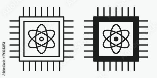 Quantum computing icon in outline and solid style on gray background. Vector illustration representing advanced data processing, futuristic computing, and digital innovation technology.