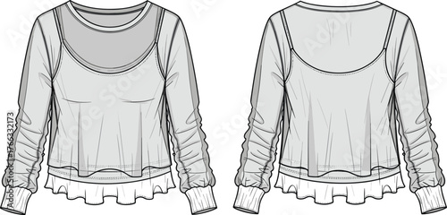 Women’s layered top sketch, long sleeve fashion illustration, scoop neckline garment design, pleated undershirt vector, apparel construction template, clothing flat drawing set