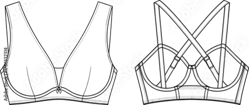Bra design, lingerie blueprint, fashion technical drawing, garment construction, sewing pattern, underwear illustration, apparel flat sketch, clothing vector, CAD drawing, flat vector illustration