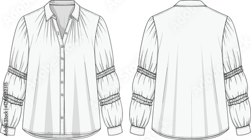 Women’s blouse technical sketch, tiered sleeve fashion illustration, button-down garment design, gathered sleeve vector, apparel construction template, clothing flat drawing set