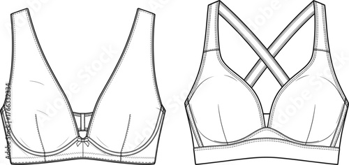 Bra technical sketch, lingerie blueprint, underwear fashion drawing, garment construction, sewing pattern, apparel flat design, 