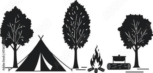 Camping scene silhouette with tent campfire trees and cooking pot, outdoor survival vector art, nature illustration design, cad drawing flat vector illustration