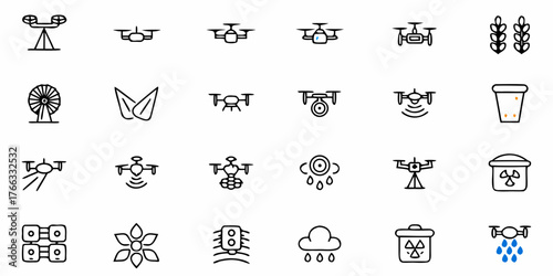 Diverse drone icons with agriculture, weather, and surveillance themes create a modern tech feel, perfect for commercial drone services