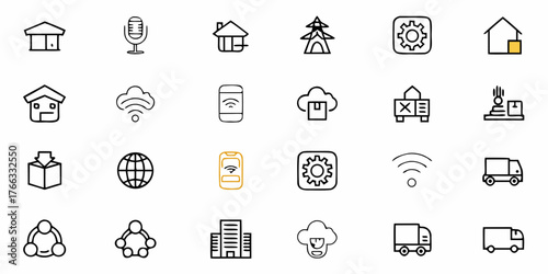 Modern vector icons depict smart home technology, delivery logistics, and global network connectivity for your next innovative tech venture
