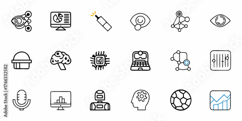 AI powered technology and machine learning icons representing futuristic innovation for data science, automation, and robotic engineering concept, originally vector
