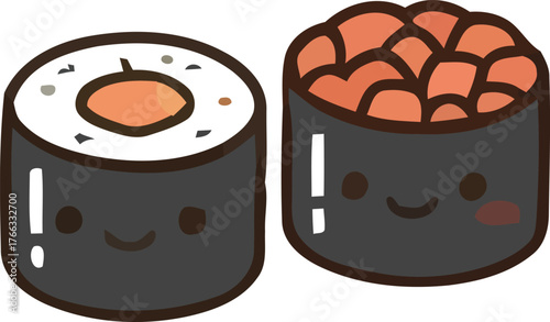 Two Cute Sushi Rolls with Smiling Faces One with Roe Topping