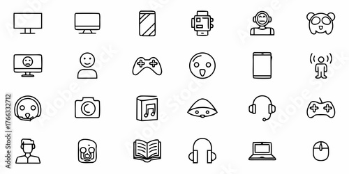 Modern technology icons for digital lifestyle and connectivity, including phone, computer, headphones, camera, game controller and more for various applications