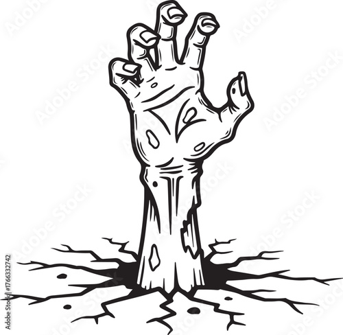 Creepy hand emerging from cracked ground representing a zombie or monster rising from the dead isolated on white background.