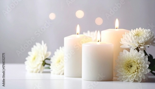 Beautiful white chrysanthemum flowers and burning candles on light background.