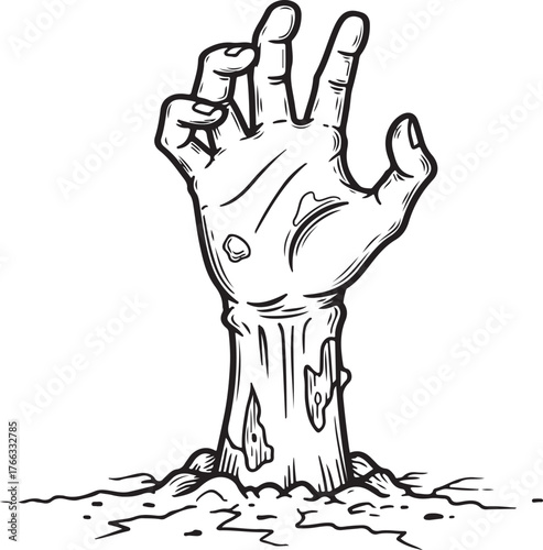 Creepy hand emerging from cracked ground representing a zombie or monster rising from the dead isolated on white background.
