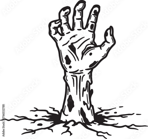 Creepy hand emerging from cracked ground representing a zombie or monster rising from the dead isolated on white background.