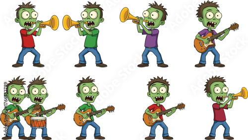 Cartoon zombie band playing instruments, humorous Halloween music group concept, surreal undead illustration, spooky fun design, cad drawing flat vector