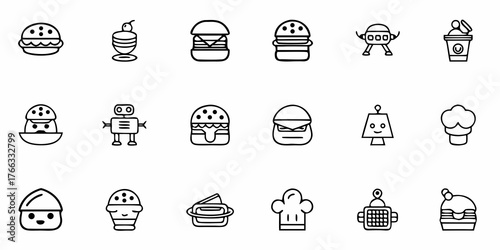 Delicious food and futuristic robots line art icons for menu design, restaurant branding, and creative projects, originally created as scalable vector graphics