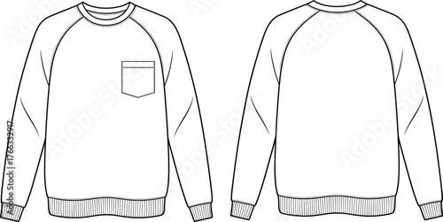 Crewneck sweatshirt fashion illustration, long sleeve design sketch, stylish garment outline, apparel technical drawing, clothing construction detail, cad drawing flat vector illustration
