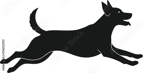 "Silhouette of leaping dog in motion, energetic jump, playful pet design, agility concept, black animal figure, dynamic movement illustration"