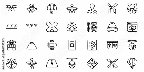 Innovative farming technology icons showcasing modern agriculture, drone monitoring, and smart farming solutions for sustainable agriculture practices