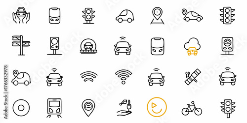 Modern icons showcase automotive innovation and intelligent transport solutions for a connected world, featuring autonomous driving and smart city concepts