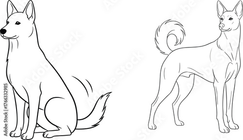 Dog sitting and standing line art, minimalist pet outline, domestic animal sketch, canine posture drawing, cad drawing flat vector illustration