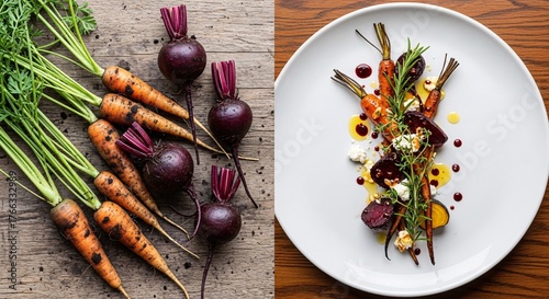 Vibrant roasted carrots and beets with goat cheese create a stunning gourmet salad presentation