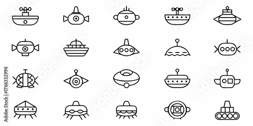 Explore quirky submarine icons, a fun, modern collection perfect for nautical themes, game design or adding a whimsical touch to your project. Scalable vector graphic.