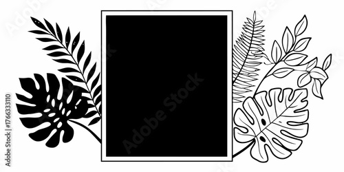 Vector black square frame surrounded by monstera leaves and ferns in black and white illustration style