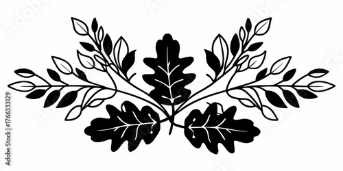 Vector illustration of oak leaves and branches symmetrically arranged in black and white style