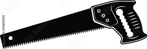 Hand saw silhouette, black and white carpentry tool vector, woodworking equipment illustration, manual cutting tool design, CAD drawing flat vector illustration
