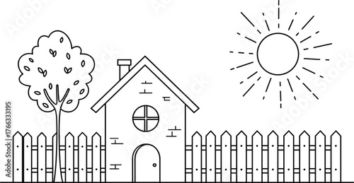 House with tree fence and sun line art illustration, outdoor nature vector design, minimalist home drawing, cad flat vector illustration