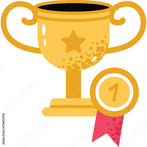 Golden Trophy with First Place Medal and Red Ribbon Against a Transparent Background Celebrating Victory and Achievement