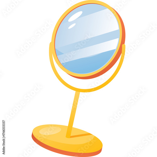 Golden Vanity Mirror with Yellow Stand and Oval Base Reflecting Light Blue Sky and White Clouds on Transparent Background