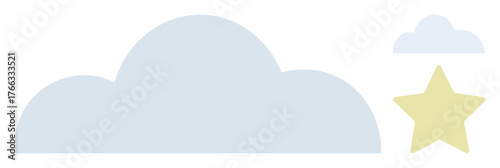 Soft blue clouds with a pale yellow star create a calm and dreamy aesthetic. Ideal for imagination, creativity, tranquility, sleep, childhood, aspirations, positivity. Simple flat metaphor