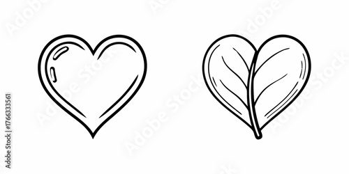 Vector two hearts one is a classic heart shape and the other is a leaf heart with veins and a stem at the bottom