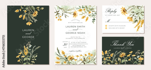 wedding invitation set with yellow wildflower watercolor frame