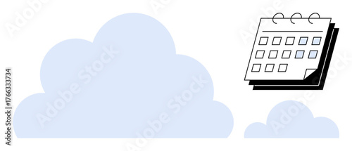 Large and small cloud shapes with a spiral-bound calendar. Ideal for cloud storage, scheduling, planning, organization, technology, digital data, time management. A simple flat metaphor