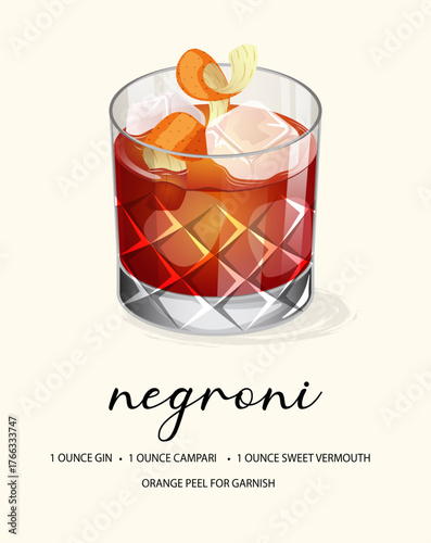 Classic Negroni Cocktail Recipe Vector Illustration - Italian Aperitivo with Orange Peel Garnish