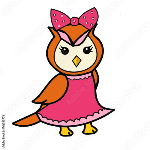 cute lady girl owl standing funny cahracter for children book with pink color dress.eps