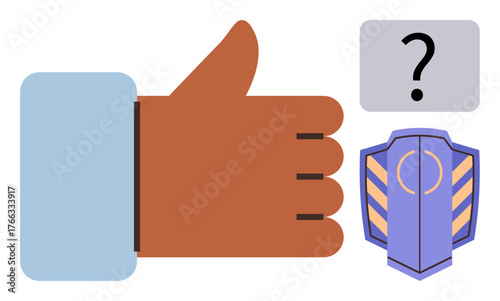 Hand giving thumbs up gesture next to a shield-shaped badge with a question mark. Ideal for approval, judgment, feedback, uncertainty, ranking, decision-making, support, simple flat metaphor