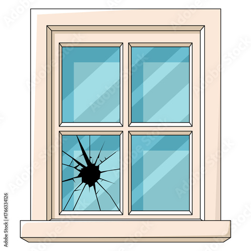 Window with a broken pane of glass showing network of cracks. Vandalism or accident theme for repair and property insurance concept.