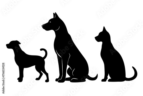 Three distinct dog breeds depicted as black silhouettes with clean lines and subtle internal details isolated on a white background silhouette isolated on white background