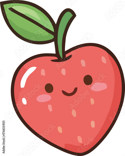 Cute Cartoon Strawberry with a Smiling Face and Green Leaf