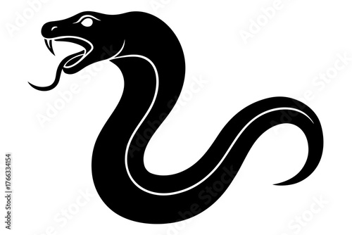 Aggressive black snake silhouette with open mouth and forked tongue striking forward isolated on white background