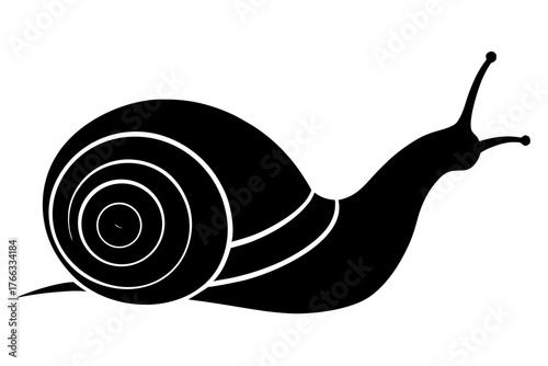 Stylized black snail silhouette with concentric shell patterns moving across a clean white background isolated on white background