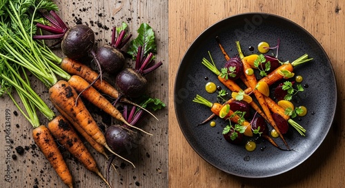 Farm fresh carrots and beets transformed into an elegant vegan gourmet dish on a modern black plate