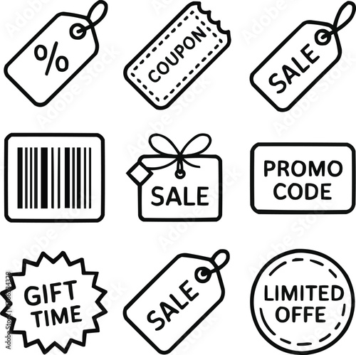 Discount & Price Tag Outline Icons Minimalist Vector Set for Promotions and Sales