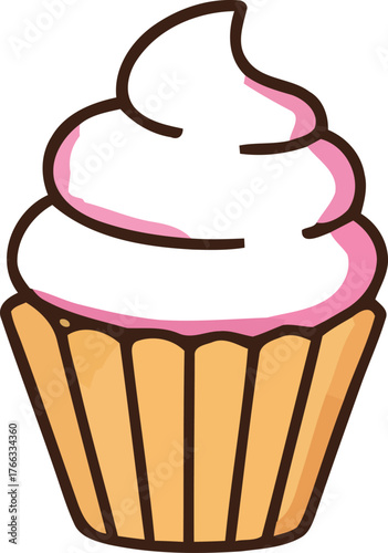 Cartoon Cupcake with White Frosting and Pink Filling Illustration