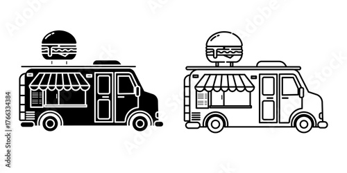 Food Truck Icon Burger Outline and Silhouette Vector Illustration