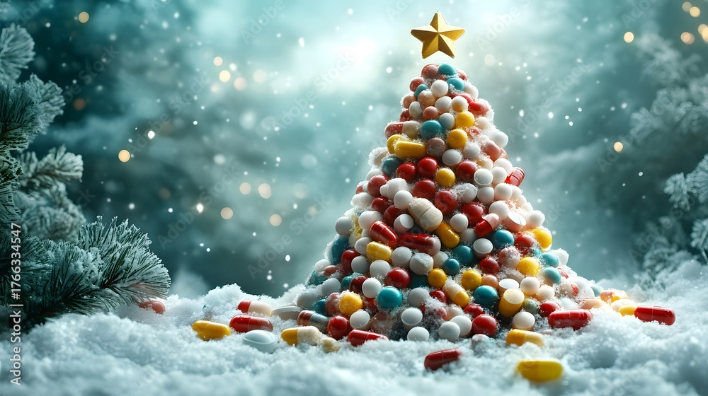 Obraz premium Colorful candy mountain with a star on top surrounded by snowy landscape